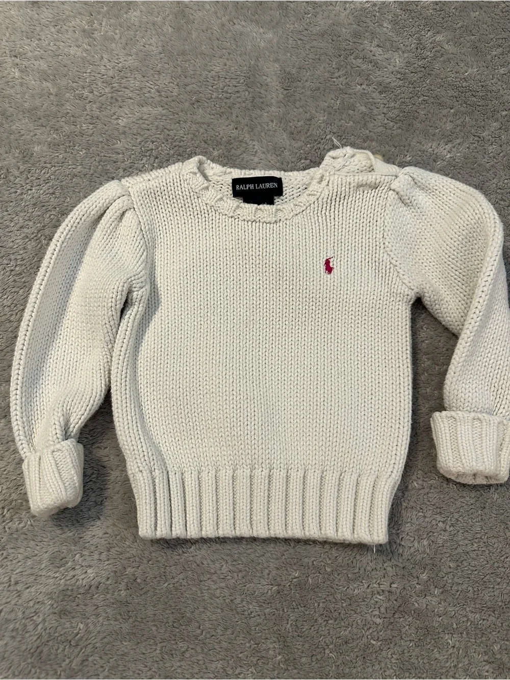 Ralph Lauren Cream Crewneck Sweater with Pink Pony Embroidery - Girls 18 Month